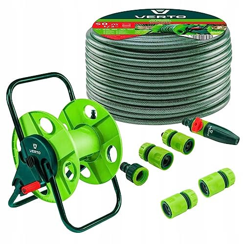 VERTO Schlauchtrommel + Gartenschlauch 50m + Wasserspritze + 3 x Schlauchverbinder, Wasserstop, Hahnverbinder - Gartenbewässerung Komplettes Starterset