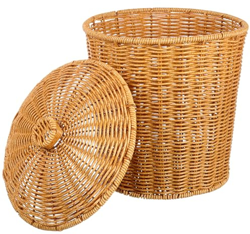 TOPBATHY Corbeille à papier en rotin avec couvercle - Corbeille à papier et panier poubelle pour chambre à coucher, salle de bain, bureau ou maison