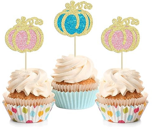 24Pcs Pumpkin Boy or Girl Cupcake Toppers Glitter Gender Reveal Pumpkin Cupcake Picks Baby Little Feet Cake Decorations for Fall Theme Baby Shower Kids Birthday Party Supplies Blue Pink