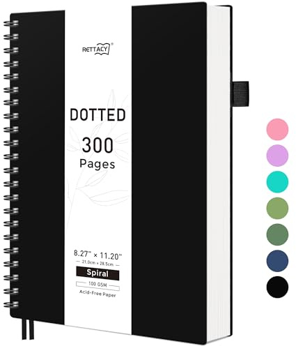 RETTACY Gepunktetes Notizbuch, A4, Bullet Dot Grid, Spiralnotizbücher, 300 Seiten/150 Blatt zum Schreiben, 100 g/m², flexibler Kunststoffeinband, für Damen und Herren, Arbeit, Büro, Schule, 21,5 x