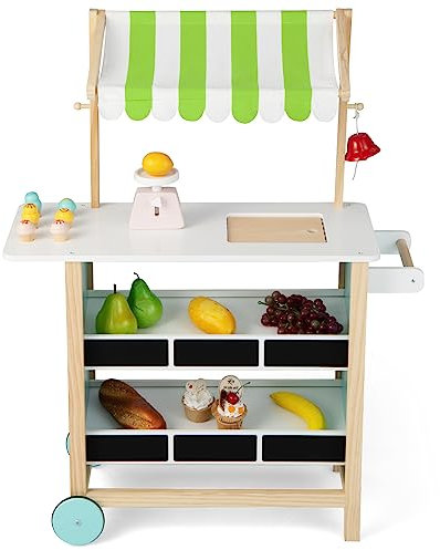 COSTWAY Kinder Eiswagen mit 6 Eiscreme, Kaufladen Holz mit 2 Ablagen, Einkaufswagen auf Rollen, inkl. Waage und Glocke, für Kinder ab 3 Jahren (Grün)