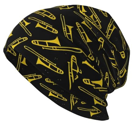EgoMed Totenkopfmütze, Strickmütze, Polyester-Sturmhaube, Slouchy-Beanie-Mütze, Laufmütze, Schwarze und gelbe Posaune