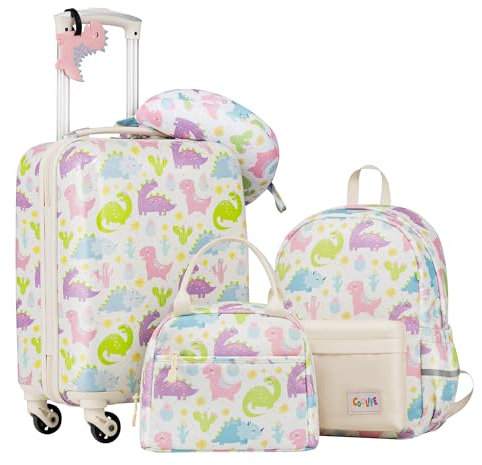 COOLIFE 5tlg Kinderkoffer mit Rucksack, Kindertrolley aus Kunststoff, Kindergepäck, Kinder Kofferset Handgepäck Reisegepäck Hartschalenkoffer für Jungen und Mädchen(Dinosaurier, Koffer-Set 5-TLG)