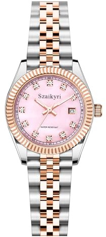 Szaikyri Klassisk klocka för kvinnor med massivt rostfritt stål band damklänning klocka dam kalenderklocka, Rosa guld rosa, womens standard, Klassisk