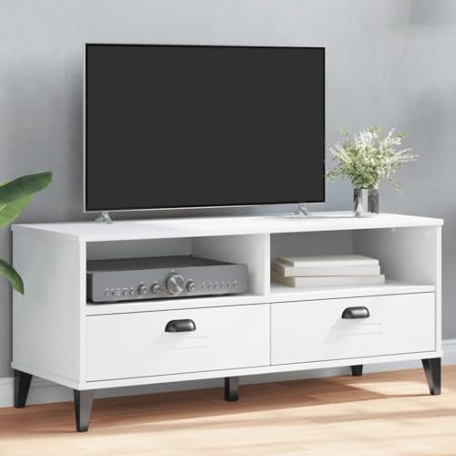 Homgoday Meuble TV VIKEN Blanc en bois massif de pin, meuble TV salon, table basse, meuble TV