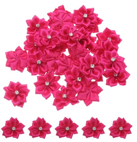 PATIKIL 3,5 cm små bandblommor, 50 st satinband blommor mini tyg blommor för hantverk gör-det-själv bröllop prydnadsapplikationer, rosenröd