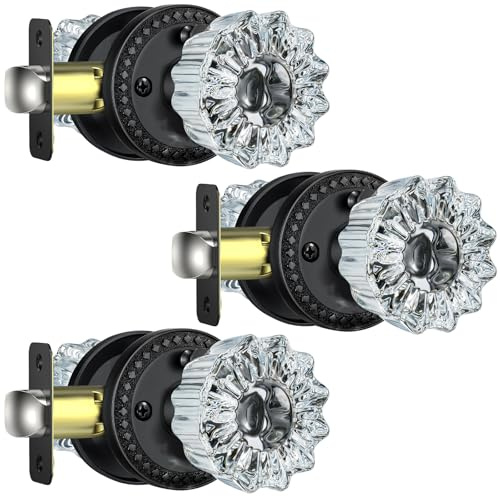 Calzibeno Glass Door Knobs Interior, 3 Pack Black Glass Door Knobs with Lock for Privacy Use, Crystal Door Knobs Interior for Bathroom Bedroom, Vintage Crystal Door Knob Set