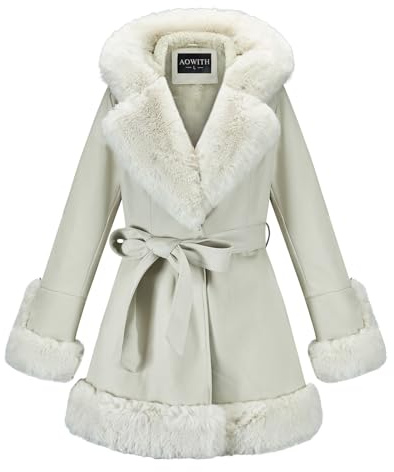 AOWITH Chaqueta de piel sintética para mujer con cuello de piel sintética, parka de manga larga con bolsillos, abrigo cálido de invierno con cinturón, Blanco, Medium