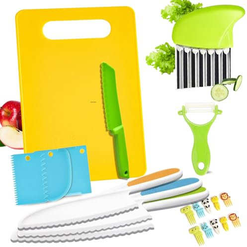 lttorjf Montessori - Set di 20 coltelli da cucina per bambini, in legno con coltello in legno, tagliere e pelapatate per il 2 3 4 anni, set regalo per bambini
