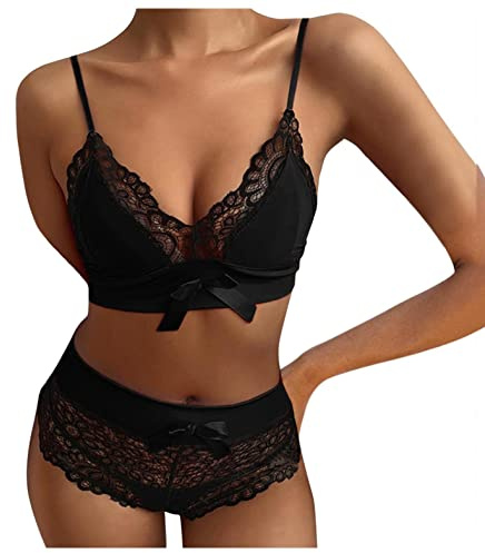 ROSVAJFY Ensemble sous-Vêtements Femme Dentelle 2 Pièces Soutien-Gorge à Bretelles + Culotte Taille Haute Transparente Nœud Lingerie Sexy Col en V Nuisette Stretch Coquine (Noir, M)