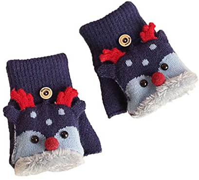 Weihnachten Handschuhe Kinder Halbfinger Fingerlose Fäustlinge Mädchen Jungen Winterhandschuhe Warme Cartoon Dicke Doppelt Fingerhandschuhe Strickhandschuhe Thermohandschuhe mit Klappe, 4-12 Jahre