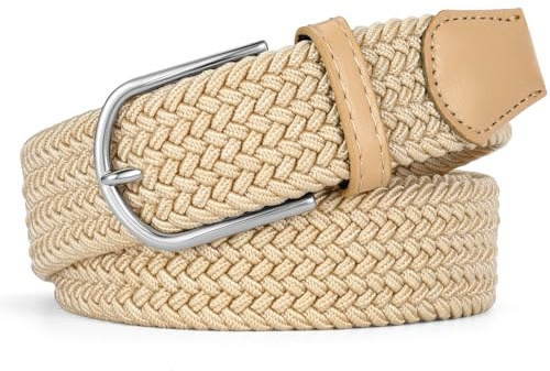 VONMELLI Damen Gürtel Stretchgürtel Damen Herren Elastischer Stoffgürtel Geflochtener Verstellbarer Flechtgürtel mit Goldschnalle für Jeans Hosen Shorts Kleid Khaki mit silberner Schnalle L