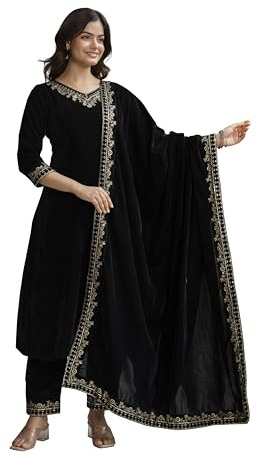 TRENDMALLS Women's Velvet Embroidery Salwar Suit Set Kurta Pant with Dupatta (G322-Black-L)