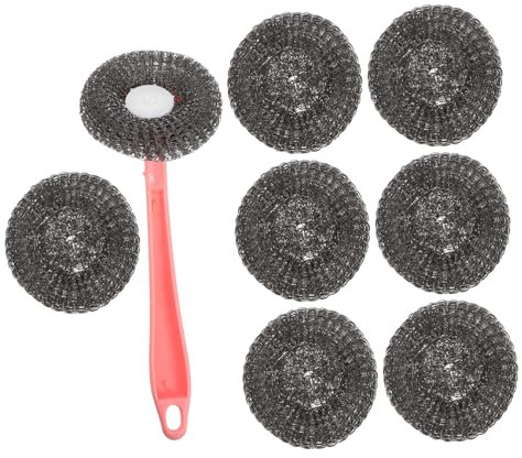 KOCKSHION 8pcs Cleaning Ball Brush Handle for Kitchen Pot Brush Sturdy Handle Non Scratch Scourers for Dishwashing Sink Cleaner Tool