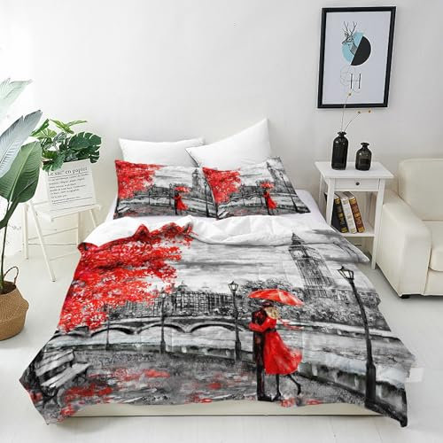ANHOPE Ölgemälde London Big Ben Rot Baum Bettwäsche Set Microfaser Bettbezüge mit Reißverschluss 3 Teilig Bettbezug 155x220 cm + 2 Kissenbezug 80x80 cm Weich Ganzjahres Bettdeckenbezug Set