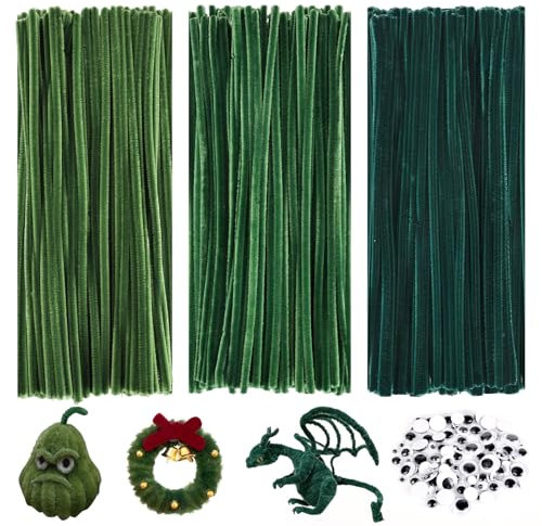 bssmmai 300 Stück Pfeifenputzer zum Basteln Grün, Pfeifenreiniger Grün, 3 Verschiedene Grüne Pfeifenputzer mit 100 Wackelaugen Selbstklebend für Kreative DIY-Projekte und Basteldeko für Kinder