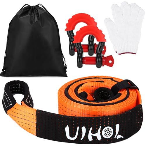 UIHOL - Fune di traino per auto, 12T, con grillo ad alta resistenza, resistenza alla rottura di 12.000 kg, 5 m x 5 cm, corda di traino di emergenza con custodia, migliorata, sicura