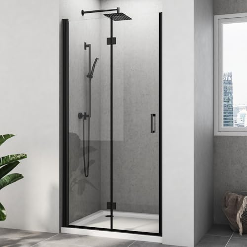 Duschtür 90, Falttür Nischendrehtür Schwarz 180° Duschwand Nano Beschichtung 6mm ESG-Sicherheitsglas Duschkabine Dusche Höhe 195cm