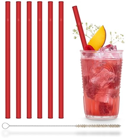 Halm - Cannucce di vetro rosse, riutilizzabili, 20,3 cm, con spazzola per la pulizia senza plastica, realizzate in Germania, lavabili in lavastoviglie, dritte, perfette per frullati, cocktail