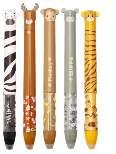 Nurila 5 Radierbarer Kugelschreiber Set, Tiere Radierbarer Tintenroller 0.5mmzweifarbig Rot Und Blau Mit Radiergummi, Ideal Für Büro Und Schule, Motiven Reh, Zebra, Tiger, Affe, Nilpferd