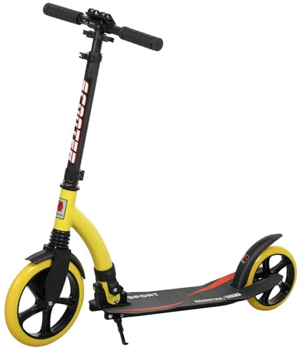 HOMCOM faltbarer Kick Scooter mit doppelter Stoßdämpfung und großen Rädern, höhenverstellbarer Aluminiumrahmen, Roller mit großen Rädern für 14+ Jugendliche und Erwachsene - gelb