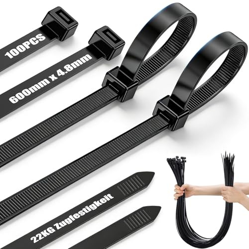 Attaches Câble Extralongue Noir, Serre Cable Réutilisable pour Cable Management 100Pièces 600mm x 4.8mm, Collier de Serrage la Traction de 22kg PourJardinage, Atelier, Intérieur et Extérieur