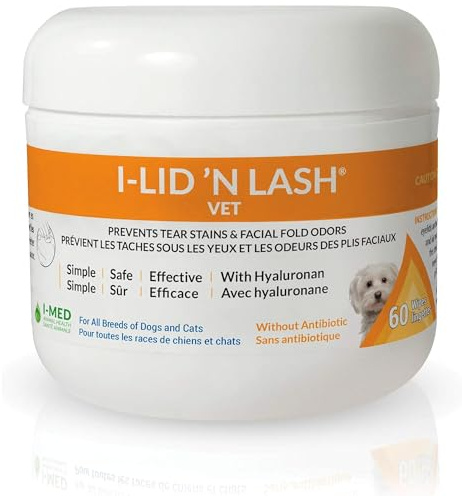 I-LID 'N LASH Vet Dog Eye Wipes, Tear Stain Preventer, Hyaluronan, 60 Ct