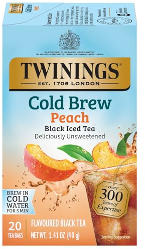 Twinings Peach Cold Brew Iced Tea Bags, 20 Count (Pack of 1), Unsweetened Flavoured Black Tea, Caffeinated, 20 Teabags