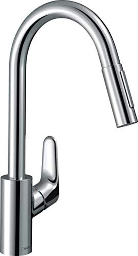 hansgrohe Focus Küchenarmatur (Wasserhahn Küche mit Schlauchbox, 150° schwenkbar, ausziehbare Brause mit 2 Strahlarten, hoher Komfort-Auslauf 240mm, Standardanschlüsse) Chrom