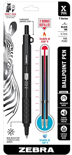 Zebra Pen, X-701 Tactical Ballpoint Pen, Writes in Extreme Conditions, Matte Black Stainless Steel, Refillable, Lanyard Loop, 0.7mm Black Ink, 1-Pack Plus 2 Bonus Refills, (29811)