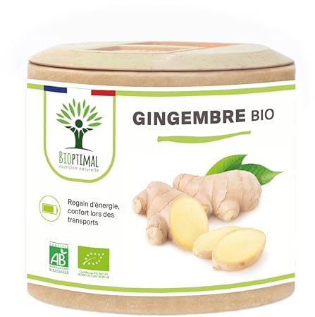Gingembre Bio - Bioptimal - Complément alimentaire - Energie Mal des transports Digestion Sexualité - Poudre de Racine - 270 mg par Gélule - Fabriqué en France - Certifié par Ecocert - 60 gélules