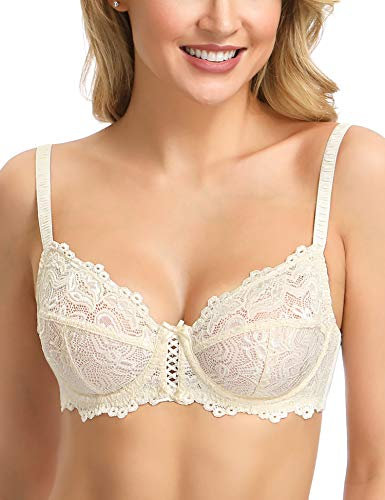 WingsLove Women's Floral Lace Bra Underwire Non Padded Soft Cup Full Coverage Nude 36G