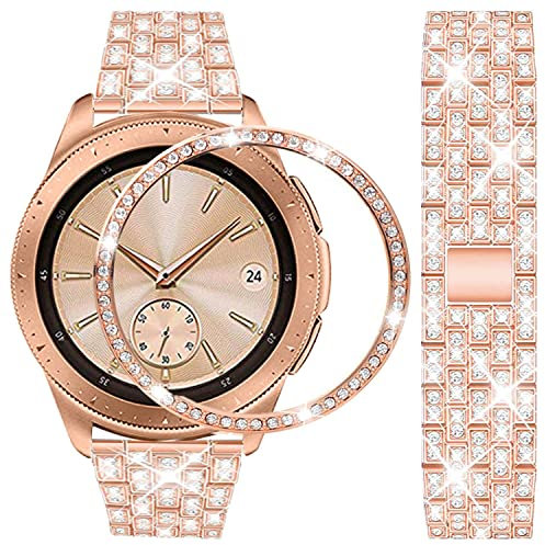 DEALELE Armband Kompatibel mit Samsung Gear Sport/Galaxy Watch 42mm / Galaxy Watch 4 Classic (42mm), 20mm Luxus Strass Diamant Metall Armbänder mit Bezel Ring Schutzhülle Ersatz bänder, Roségold