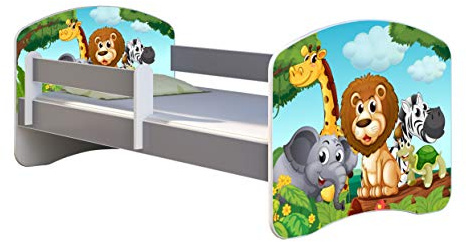 ACMA Kinderbett Jugendbett mit Matratze Grau mit Rausfallschutz Lattenrost II Spielbett Kinderzimmer Möbel (02 Animals, 160x80)