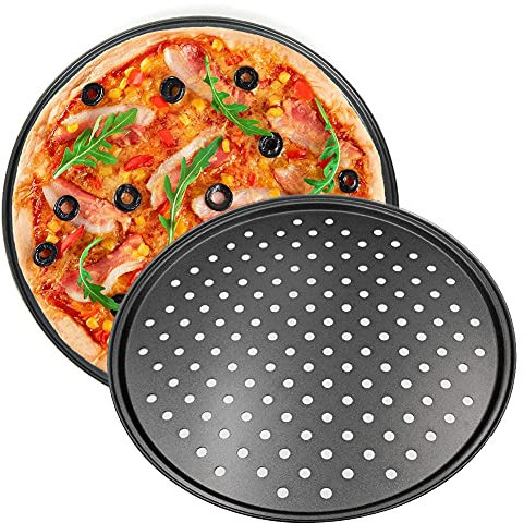 Teglia per Pizza, NALCY 2 Teglie per Pizza Rotonde Forate Antiaderenti, Utensili per Pancake in Acciaio al Carbonio, Teglie per Pizza Forate per Forno, Utensili da Cucina