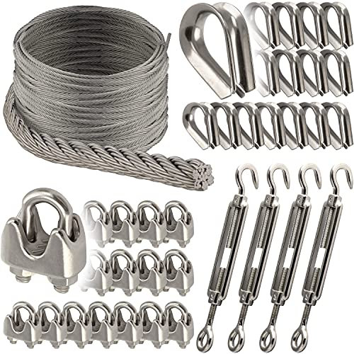 OPIOL QUALITY® 40m Drahtseil 7x7 mittelweich 2mm, 16x Drahtseilklemme ähnl. DIN 741 2mm, 16x Kausche 2mm ähnl. DIN 6899, 4x Spannschloss Auge/Haken M4 Sonnensegel Set Edelstahl A4 Hanging Kit Klemme