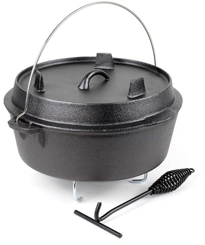 Wiltec Dutch Oven 8l mit Untersetzer und Deckelheber, Kochtopf aus Gusseisen für Lagerfeuer und Camping