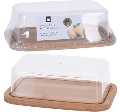 REDSHIP - Bamboo Butter Dish with Lid | Butter Keeper Air Tight– Butter Serving Container Vintage Butter Tray with Plastic Cover for Kitchen Table Countertop Refrigerate