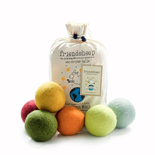 Friendsheep Wool Dryer Balls, Organic Reusable Fabric Softener Alternative for Laundry, Handmade, Fair Trade, Hypoallergenic, Eco-Friendly, Plastic-Free (6 Pack XL - Harvest Moon)