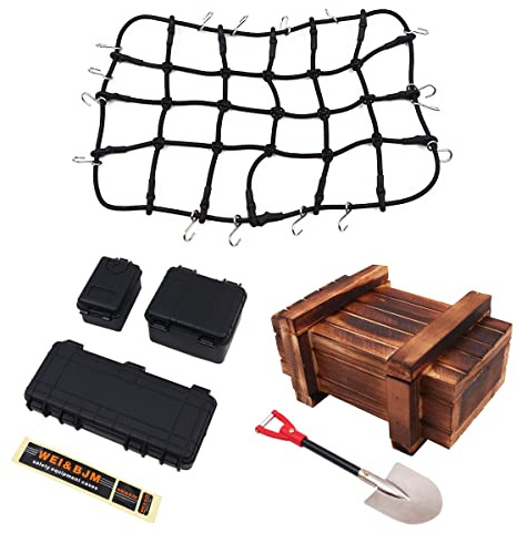 6 STÜCKE Fernbedienung Auto Dachträger Zubehör mit Gepäcknetz Mini Schwarz Werkzeugkasten Holzkiste Schaufel für 1/10 RC Auto RC Crawler Monster Trucks Kompatibel mit TRX4 SCX10/D90