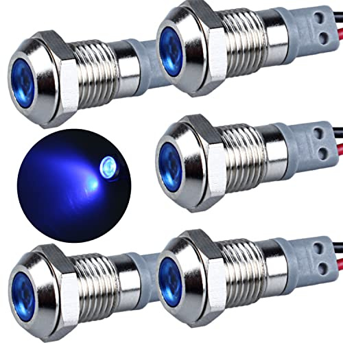 DMWD 5 Pcs 110V-220V AC 20mA Energy Saving LED Indicator Light Mounting Hole 8mm (1/3) Waterproof with 15cm/5.9in. Wire for Car Truck Boat Blue LED