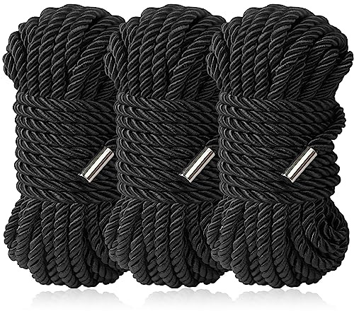 BAVIHOR Silk Soft Rope, Skin Friendly Durable Long Ropes, 32 Feet 8 mm Multipurpose Long Satin Braided Twisted Rope (3 Black)