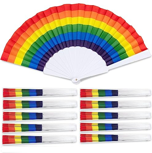 BSTMOME 10 Stück Regenbogen-Faltfächer, bunt, LGBTQ, Handfächer, Sommerzubehör, Tanzrequisiten, Kirche, Hochzeit, Geschenk, Partygeschenke für Regenbogen-Party-Dekoration (horizontale Streifen)