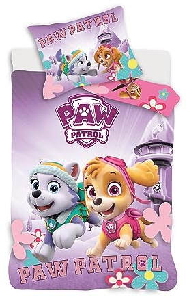 Paw Patrol Parure de Lit Pat' Patrouille pour Lit Bébé, 100% Coton, Housse de Couette 100x135 cm + Taie d'oreiller 40x60 cm, avec Stella et Everest