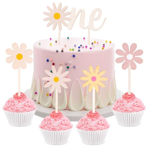 5pcs Boho Cake Topper, ONE Cake Topper Groovy Retro Hippie Boho Daisy Cake Decorations Flower Dessert Cupcake Topper for Cake Party Decorations Supplies