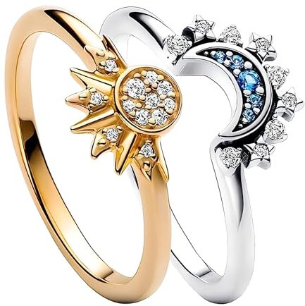 xlwen Anillos Mujer Brillante Sol y Luna,Anillo Superpuesto con Sol y Luna Celestial,Anillo de Engaste de Diamantes para regalar a tu novio, novia, esposa o familiares