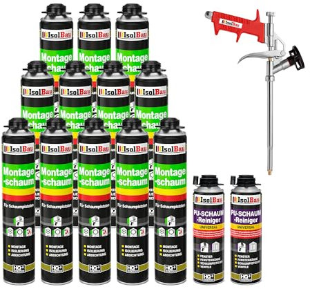 Isolbau Bauschaum-Set - Inkl. 12 x 1K Montageschaum B2 Pistolenschaum mit hervorragender Schall und Wärmedämmung (je 750 ml), 2 x PU-Schaum-Reiniger (500 ml) & 1 x Schaumpistole, Verfüllen