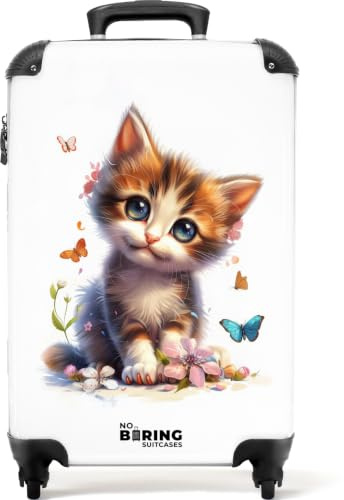 NoBoringSuitcases© Kinderkoffer, Kinderkoffer Mädchen, Koffer Kinder, | 55x40x20 cm - Hartschalenkoffer, Kinder Reisekoffer, Kindertrolley Mädchen, Kinder Koffer, Handgepäck (Kätzchen - Weiß)