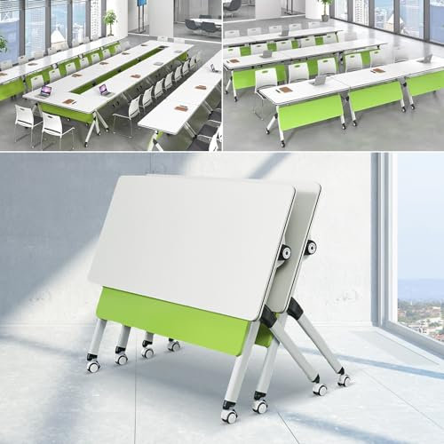 Konferenztische, 4-teiliger, klappbarer Konferenz- und Schulungstisch mit leisen Lenkrollen, Mobile, rechteckige Besprechungstische, modularer großer Seminartisch für das Home-Office (Weiß und Grün,