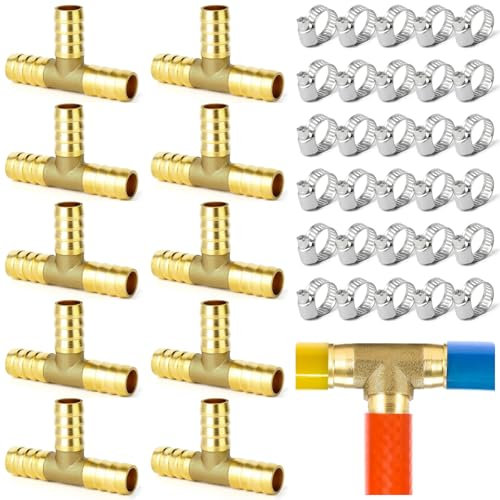 TTYSHIP® 10 Stück T Schlauchverbinder Messing, 10mm T Verbinder Messing mit 30 Schlauchschelle, T Schlauchverbinder für Kraftstoff, Luft, Wasser